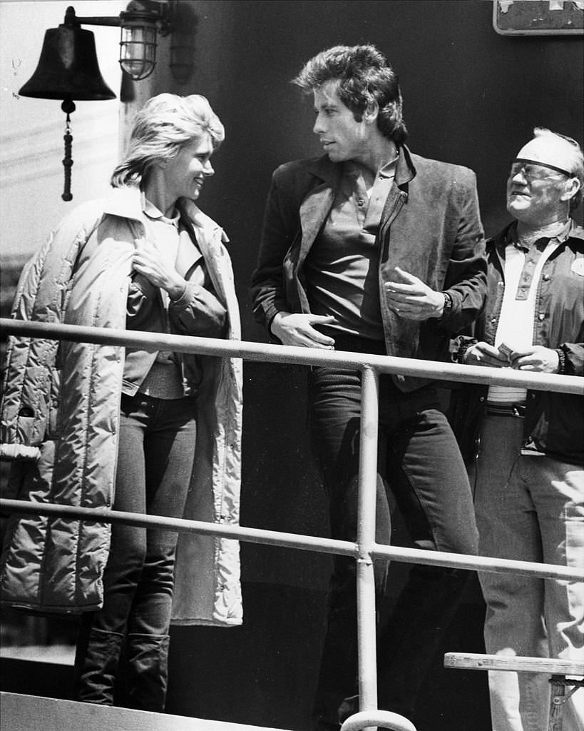 Olivia Newton-John and John Travolta filming “Grease” at the South Street Seaport area of NYC.