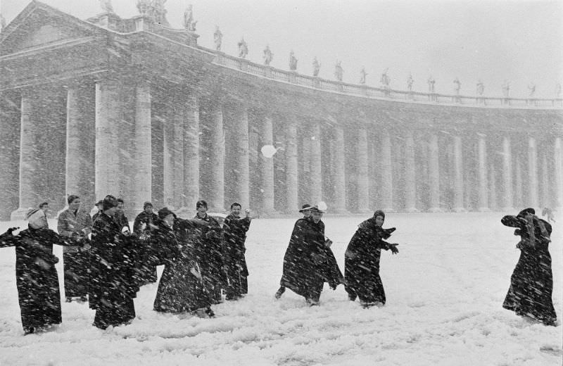 #25 Student priests hurl snowballs in St. Peter’s Square in Vatican City, February 1965.