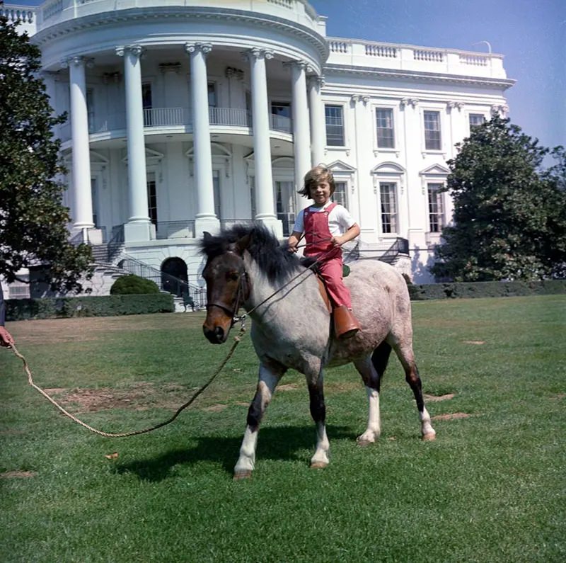#1 Caroline Kennedy sits astride Macaroni on the South Lawn of the White House.