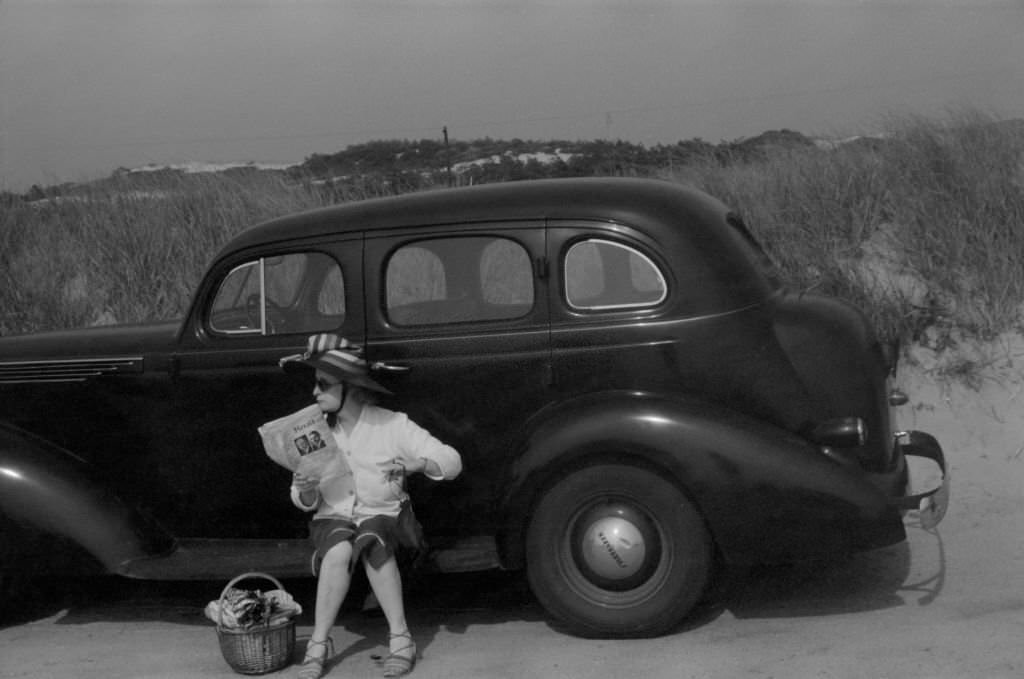 #40 Woman Relaxing on Car at Beach, Provincetown, 1940