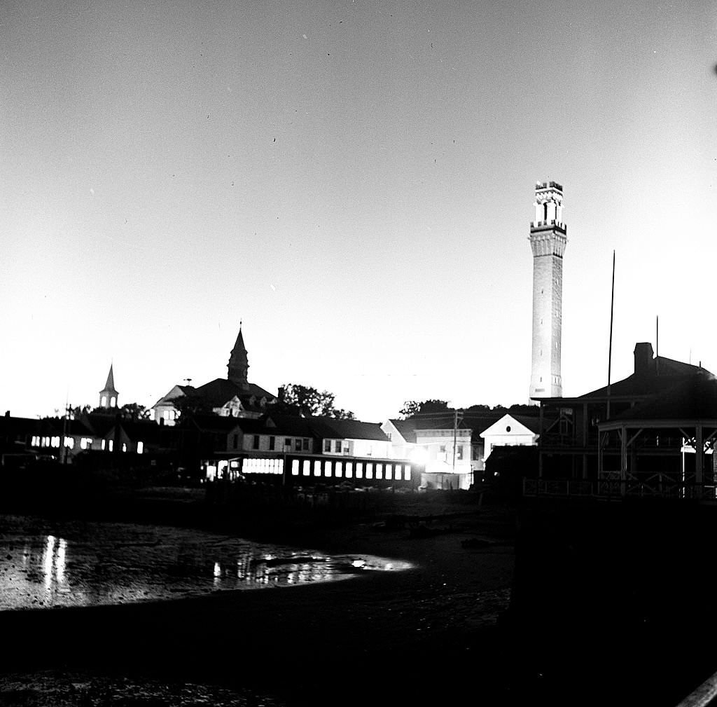 #92 ight time view showing the Pilgrim’s Monument, Provincetown, Massachusetts, 1948.