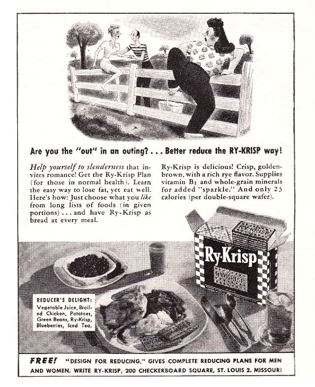 Vintage Offensive Fat-Shaming and Weight Loss ads for women from Ry-Krisp, 1930-1950 Vintage Ads
