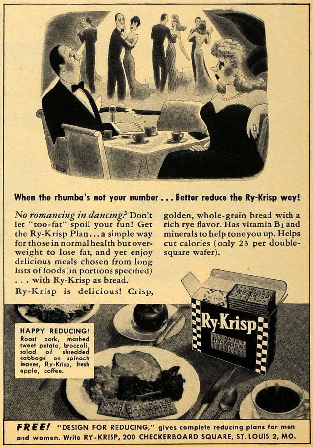 Vintage Offensive Fat-Shaming and Weight Loss ads for women from Ry-Krisp, 1930-1950 Vintage Ads
