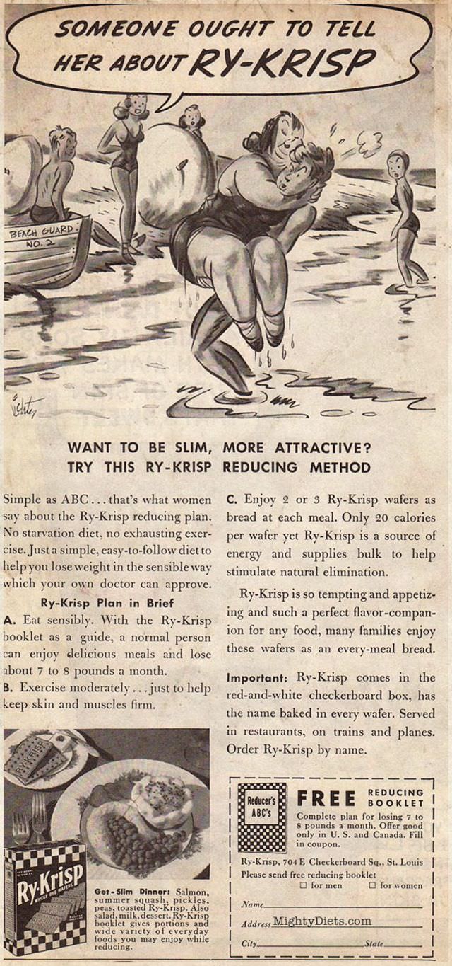 Vintage Offensive Fat-Shaming and Weight Loss ads for women from Ry-Krisp, 1930-1950 Vintage Ads