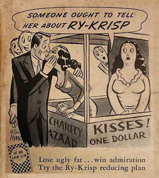 Vintage Offensive Fat-Shaming and Weight Loss ads for women from Ry-Krisp, 1930-1950 Vintage Ads