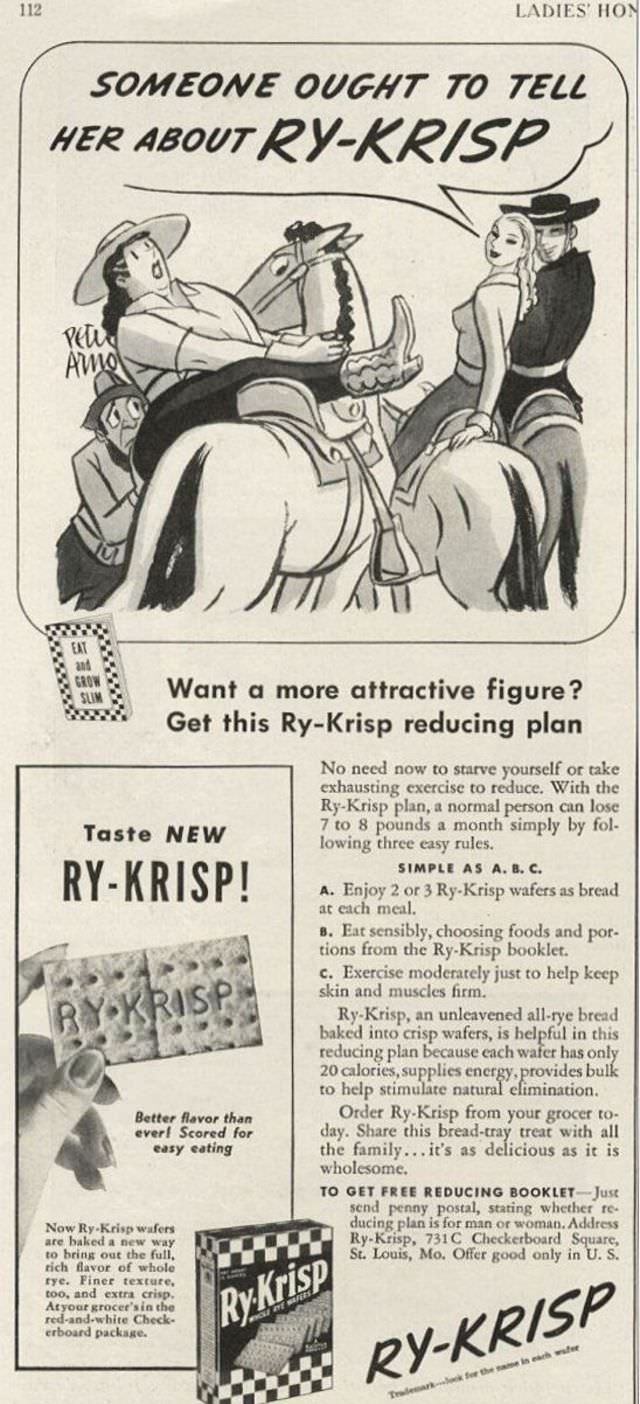 Vintage Offensive Fat-Shaming and Weight Loss ads for women from Ry-Krisp, 1930-1950 Vintage Ads