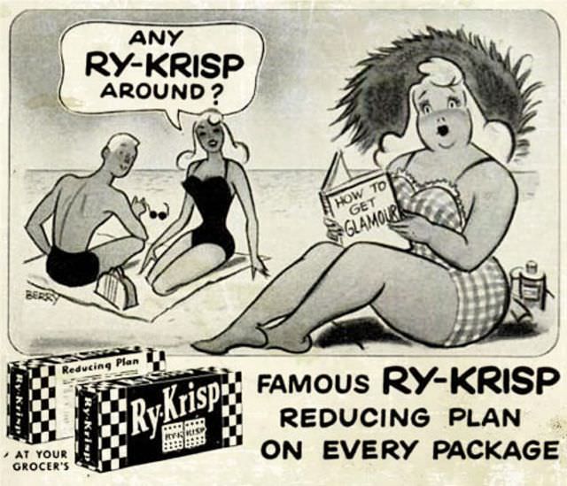 Vintage Offensive Fat-Shaming and Weight Loss ads for women from Ry-Krisp, 1930-1950 Vintage Ads