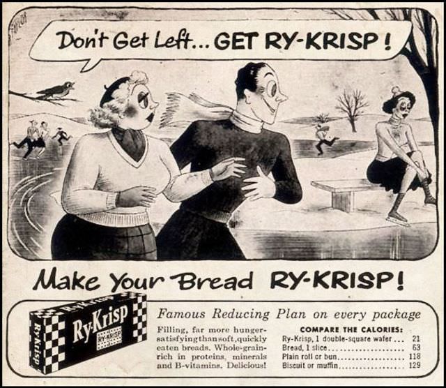 Vintage Offensive Fat-Shaming and Weight Loss ads for women from Ry-Krisp, 1930-1950 Vintage Ads