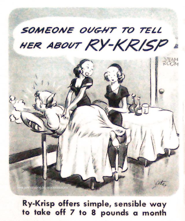 Vintage Offensive Fat-Shaming and Weight Loss ads for women from Ry-Krisp, 1930-1950 Vintage Ads