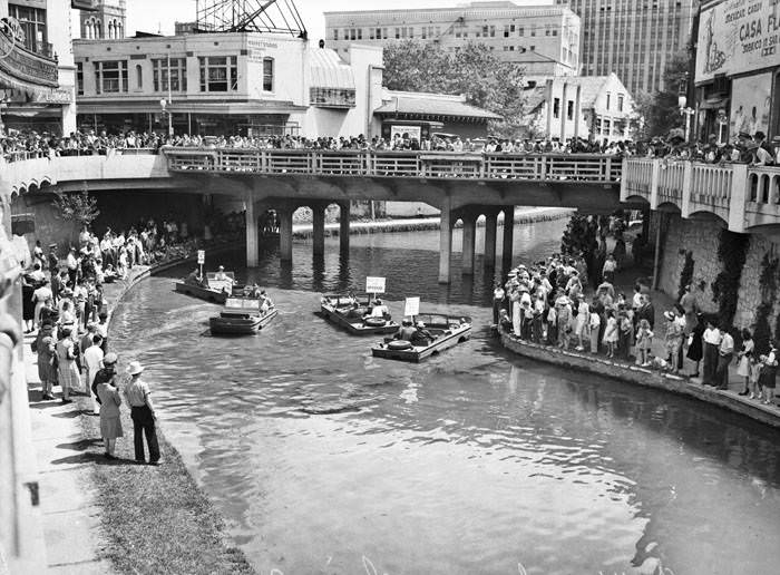 #73 Amphibious jeeps in the San Antonio River north of Houston Street bridge, 1943