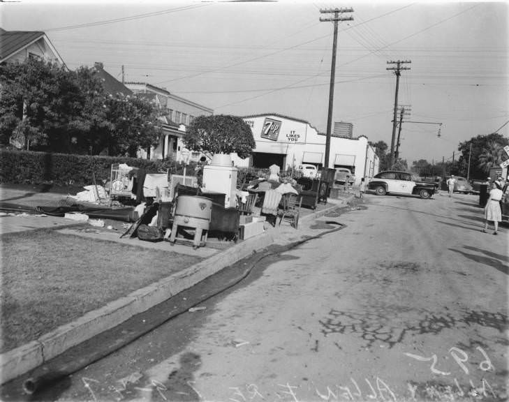 #174 Photograph of furniture moved out of houses endanger of the fire at the Allen and Allen lumberyard, 1947