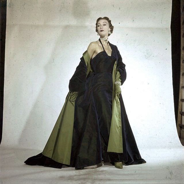 #23 Sophie Malgat in iridescent evening gown and mantle by Jacques Fath, Fall/Winter Collections, 1950