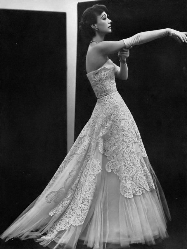 #38 Sophie Malgat in lace and tulle evening gown by Germaine Lecomte, 1953