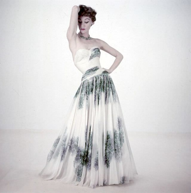#40 Sophie Malgat in strapless evening gown by unidentified designer, photo by Walter Carone, Paris, February 1953