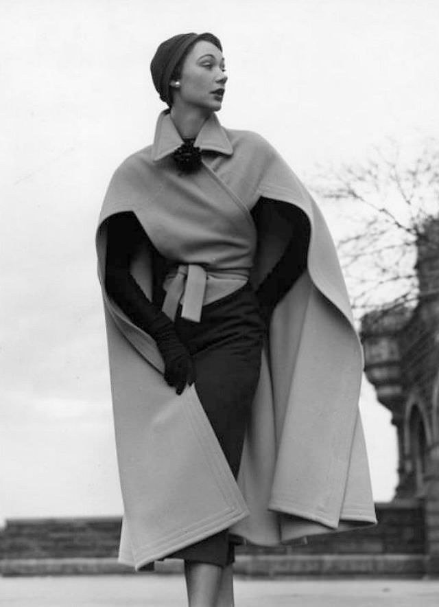 #5 Sophie Malgat in wool cape over wool dress by Bonnie Cashin for Neiman Marcus, 1950