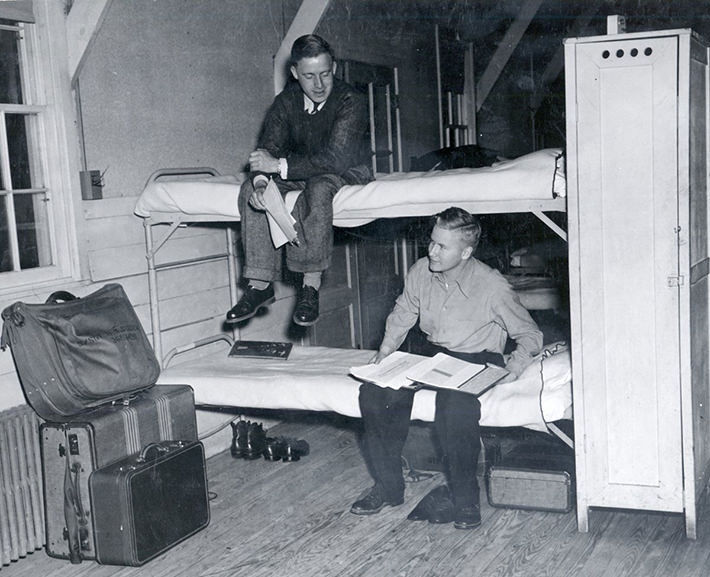 #43 Students studied on bunk beds in this barracks-style dorm, ca. 1945.