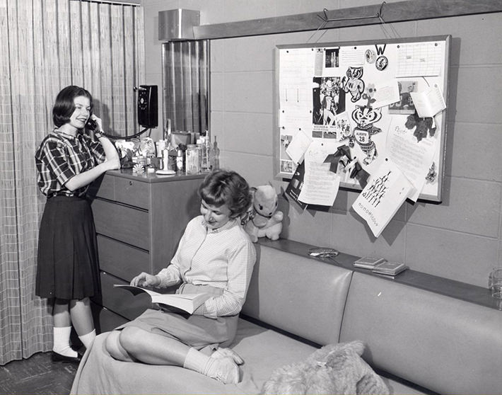 #48 Two women in room in Holt Dormitory, 1950s.