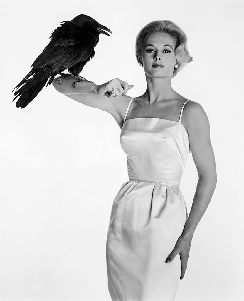 Tippi Hedren poses prettily with Buddy, the Raven, between scenes of ‘The Birds’, 1963