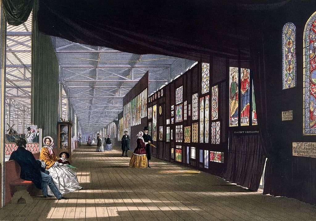 #143 The Stained Glass Gallery at the Great Exhibition in Crystal Palace, the glass and iron building designed by Joseph Paxton, at Hyde Park, London.