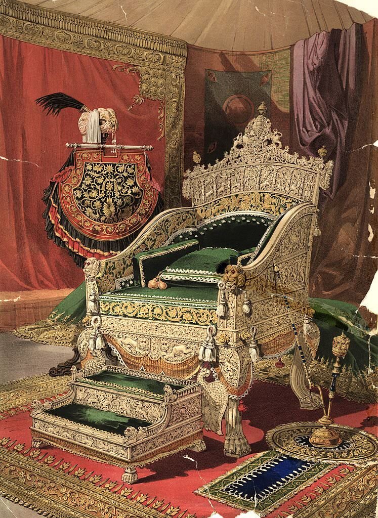 #47 An ivory throne and footstool presented to Queen Victoria by the Rajah of Travancore, on display in the ‘Industrial Arts of the 19th Century’ gallery of the 1851 Great Exhibition.