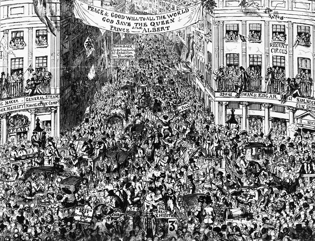 #51 London’s Piccadilly Circus heaving with crowds on their way to the Great Exhibition in Hyde Park, 1851
