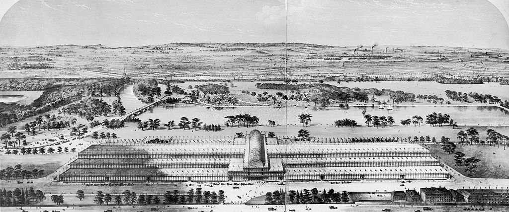 #160 A view looking south over the site of the Great Exhibition at the Crystal Palace in Hyde Park, London, 1851.