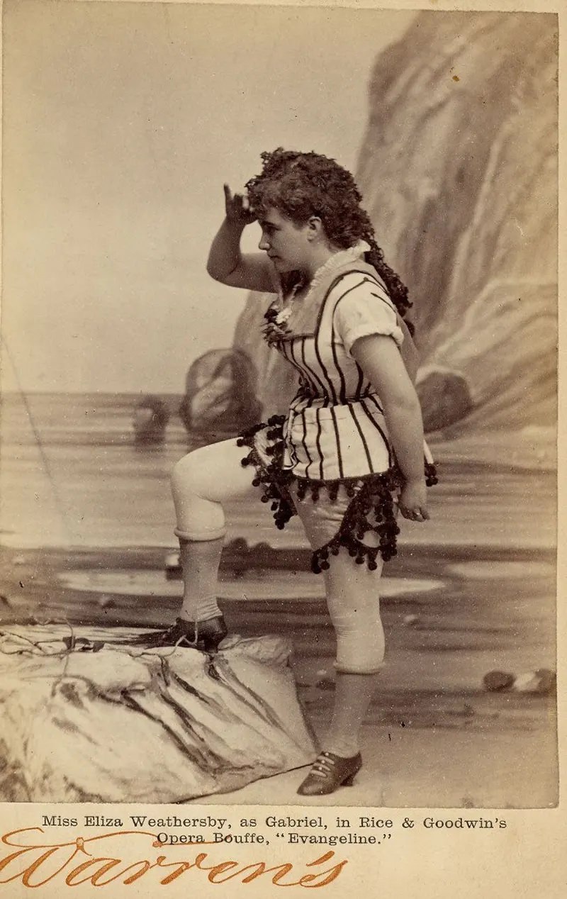 Eliza Weathersby, as Gabriel, in Rice &; Goodwin’s opera bouffe, “Evangeline,” probably during a performance at Boston Museum, 1877.