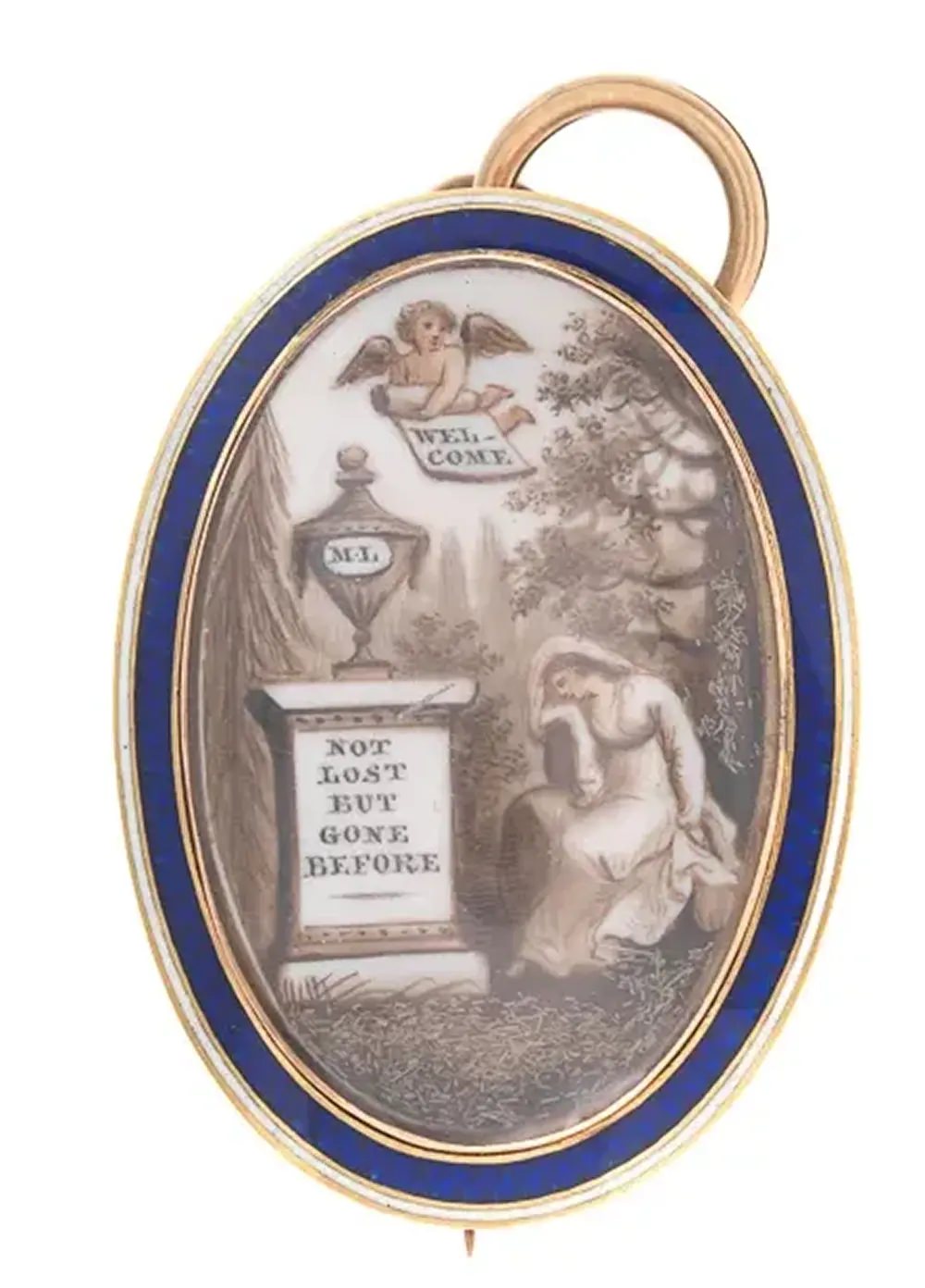 #4 A mourning pendant with a miniature painting depicting a grieving mourner.