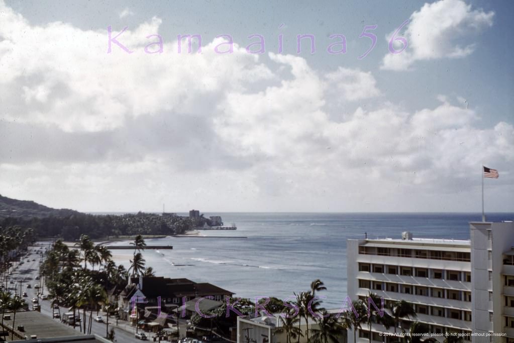 #17 Morning light looking Diamond Head along Waikiki’s Kalakaua Avenue from an upper floor at the 1955 Princess Kaiulani Hotel, 1958