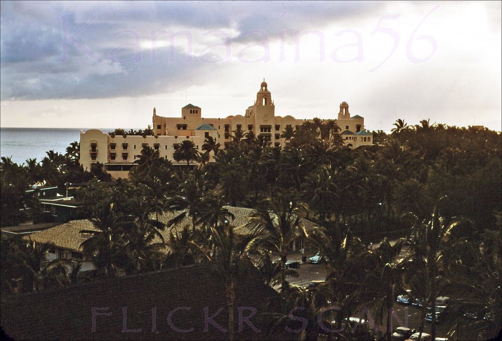 #63 View from an upper floor at the Princess Kaiulani Hotel across Waikiki’s Kalakaua Avenue from the Royal Hawaiian Hotel, 1955