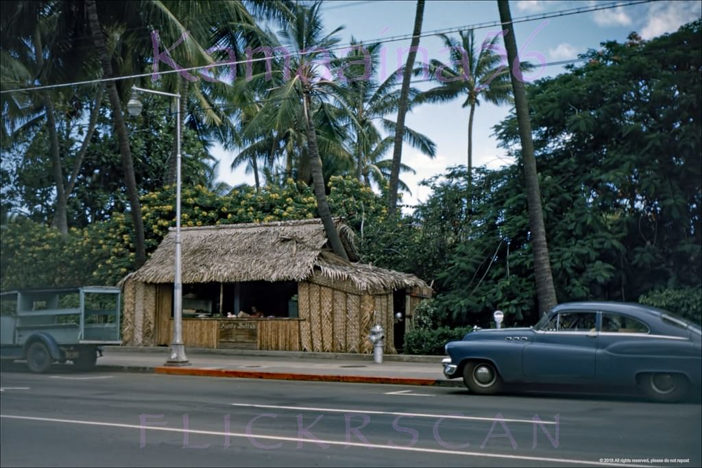 #67 Aunty Bella’s lei stand on the makai (ocean) side of Waikiki’s Kalakaua Avenue after the parking meters went up 1953