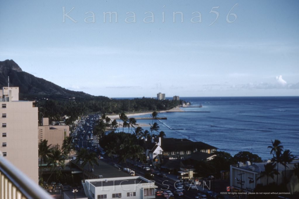 #18 Evening in the islands looking out on Waikiki’s Kalakaua Avenue from an upper floor at the 12 floor Princess Kaiulani Hotel, 1959