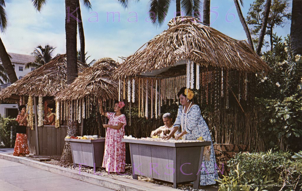 #38 Kalakaua Avenue scene next to the Moana Hotel and the long-gone Outrigger Arcade, 1960s