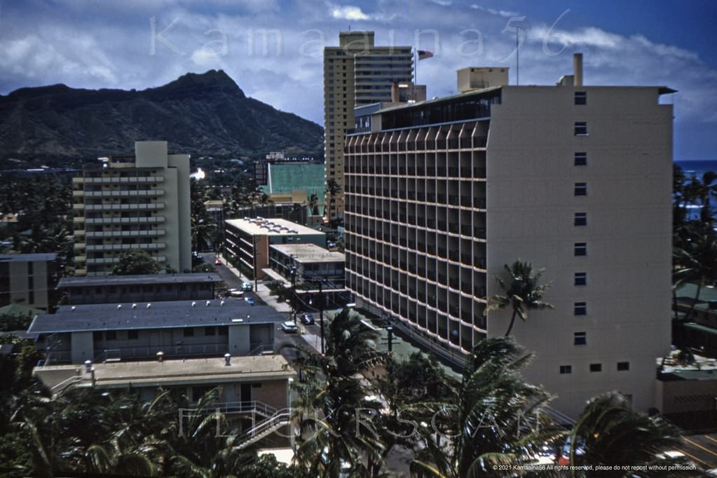 #9 Looking Diamond Head (east) along Waikiki’s Koa Avenue from the 12 floor 1955 Princess Kaiulani Hotel, 1963