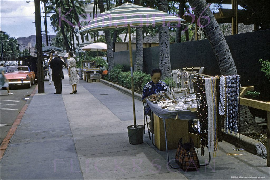 #41 Looking Diamond Head (more less east) along Waikiki’s Kalakaua Avenue from in front of the Royal Hawaiian Shopping Arcade, 1960s