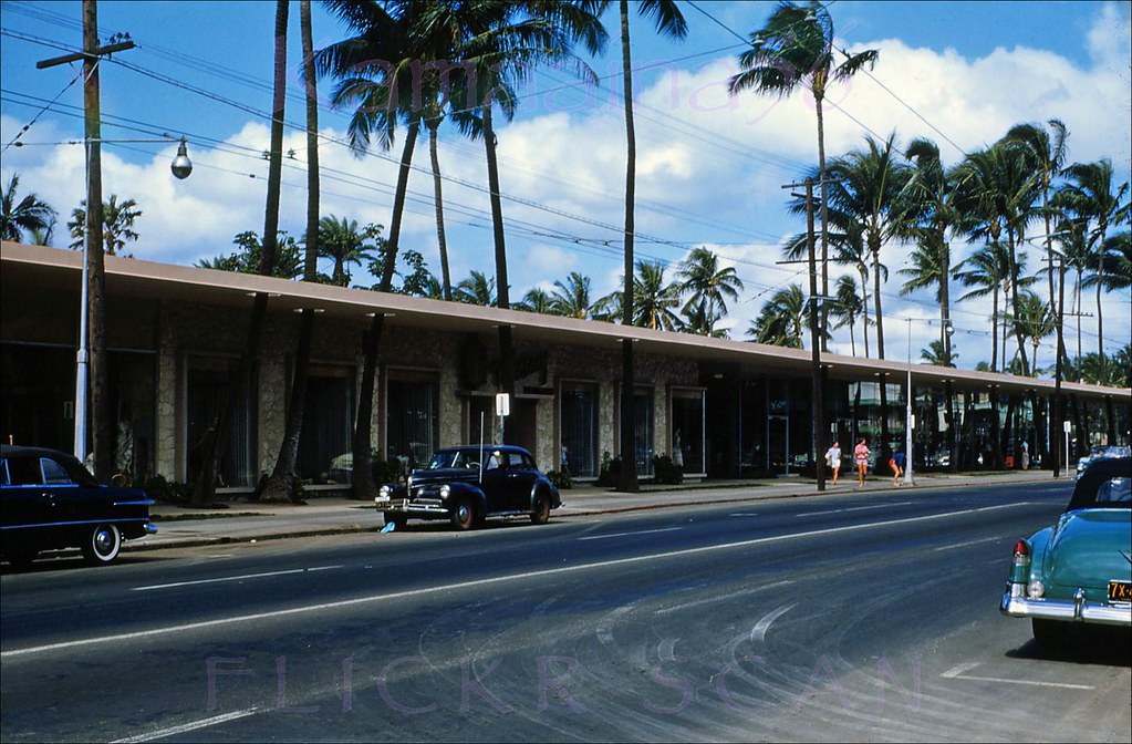 #81 The Watumull Beach Shops built by Walker-Moody Construction on the Kalakaua Avenue side of the Royal Hawaiian Hotel, 1955