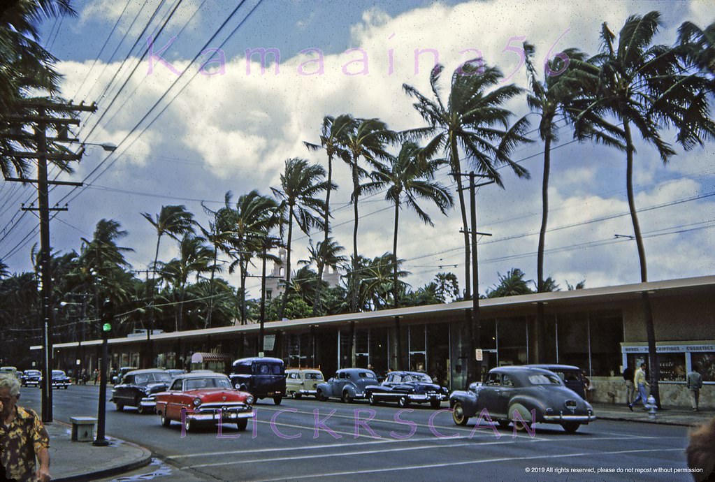 #82 Waikiki’s Kalakaua Avenue from the northwest corner with Lewers Street towards the Watumull Beach Shops, 1953
