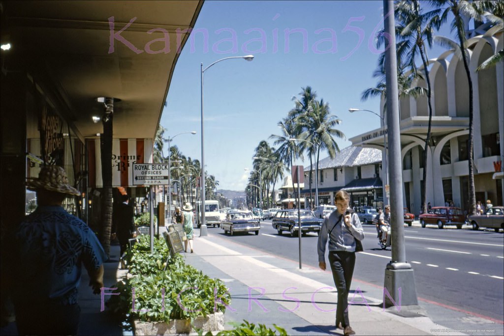 #45 Watu mull Beach Shops on the makai side of Waikiki’s Kalakaua Avenue between Lewers and Royal Hawaiian were renamed the “Royal Block”, 1966
