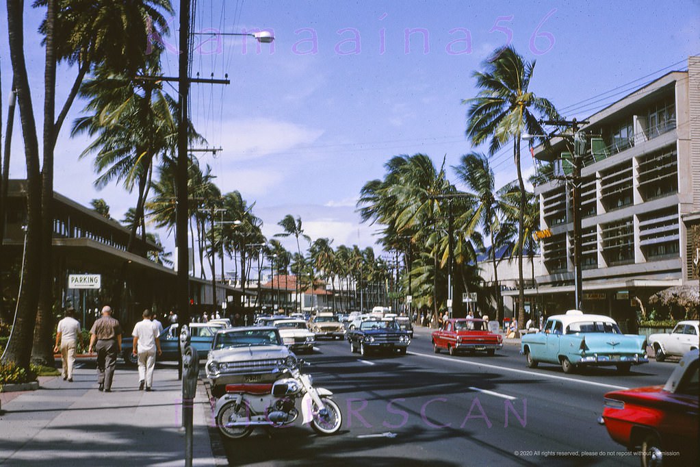 #47 Looking Ewa (more or less west here) along Waikiki’s Kalakaua Avenue from around Royal Hawaiian Avenue, 1964