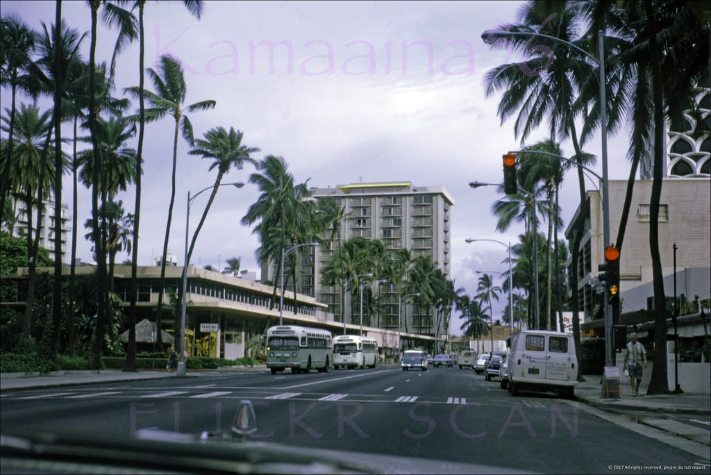 #48 Early morning looking west along Waikiki’s Kalakaua Avenue from the intersection with Seaside Avenue, 1967