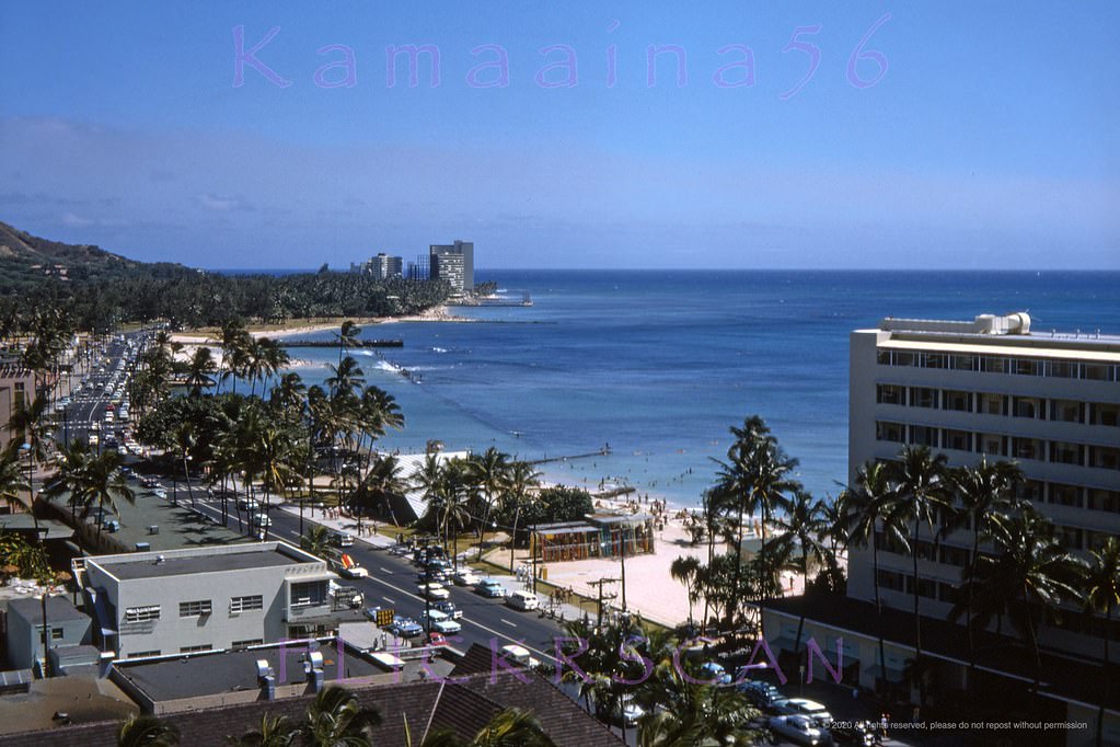 #12 Pretty afternoon light looking Diamond Head along Kalakaua Avenue from an upper floor at the 12 floor Princess Kaiulani Hotel, 1963.