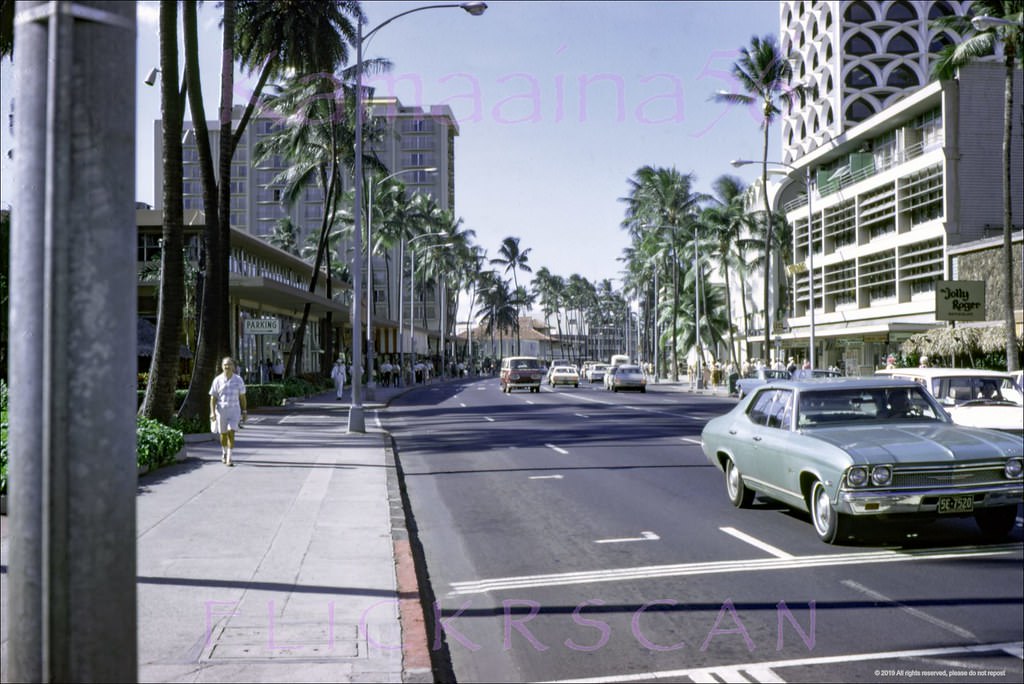 #53 The 1958 McInerny Waikiki department store seen from across Kalakaua Avenue between Seaside and Royal Hawaiian Avenues, 1963