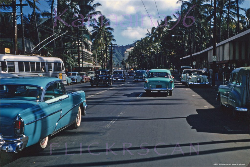 #107 Continuing the Kalakaua Avenue cruise just past Seaside Avenue, a block Diamond Head from the previous photo, 1956