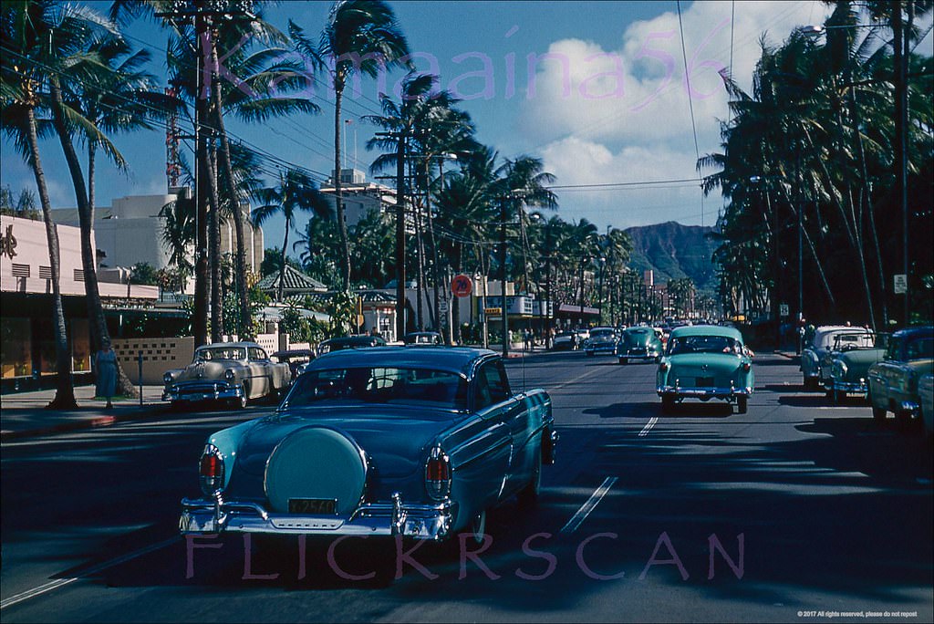 #57 Heading Diamond Head (east) along Waikiki’s Kalakaua Avenue, 1964