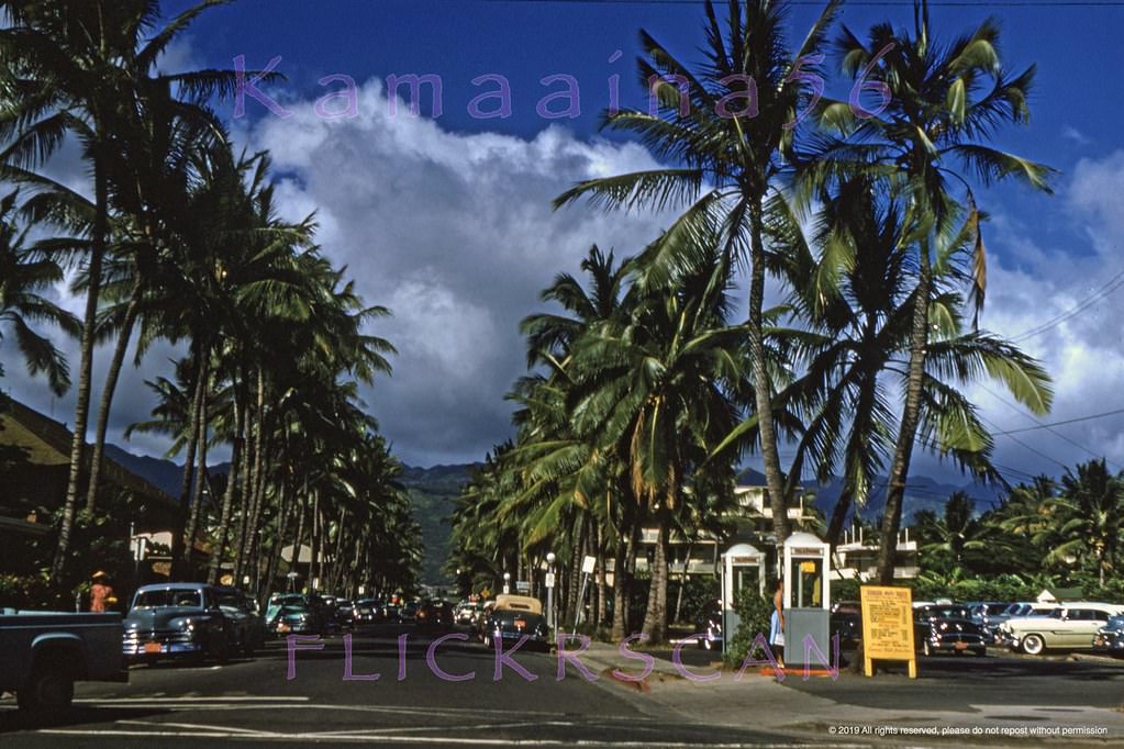 #108 Mauka (inland) view along Waikiki’s Seaside Avenue from the corner of Kalakaua Avenue, 1950s