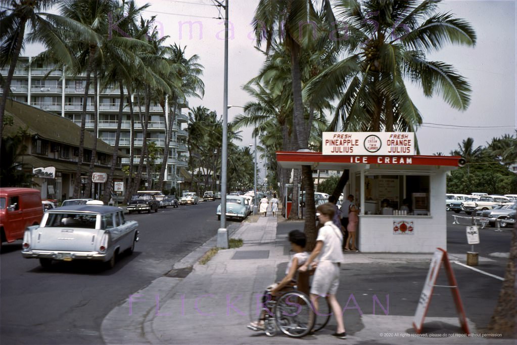 #60 Mauka view (inland) along Waikiki’s Seaside Avenue from the corner of Kalakaua Avenue, 1963.