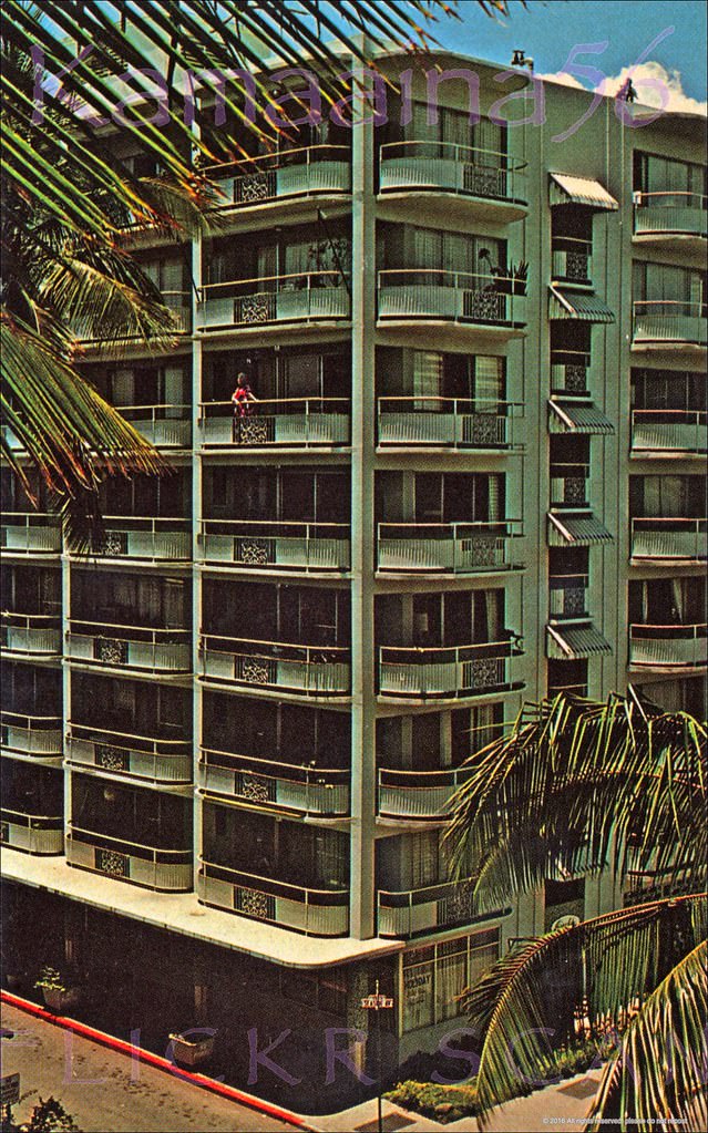 #62 Eight story apartment hotel on the corner of Seaside Avenue and Lauula Street, one block mauka of Waikiki’s Kalakaua Avenue, 1960s.