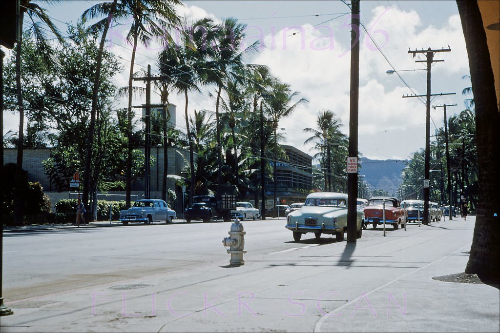 #109 Looking Diamond Head from the Watumull Shops on Kalakaua Avenue at Lewers Road, 1953