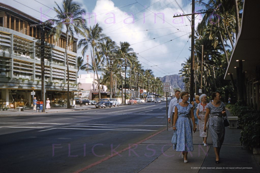 #110 Waikiki’s Kalakaua Avenue seen from the intersection with Royal Hawaiian Avenue, 1955