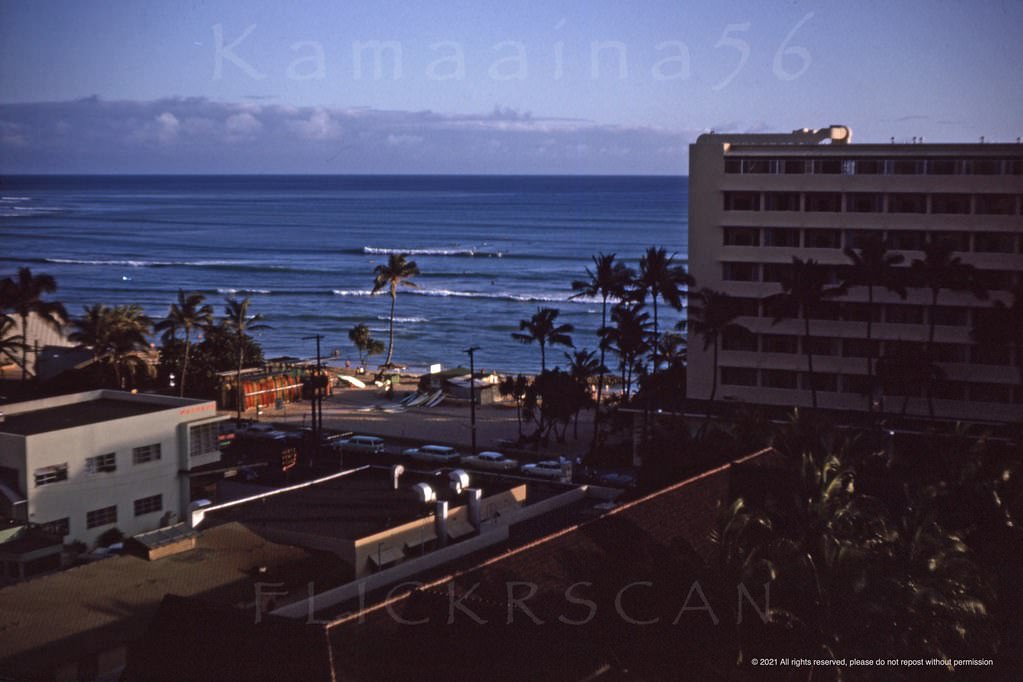 #15 View from the 12-floor Princess Kaiulani Hotel looking makai (towards the ocean) early evening, 1963